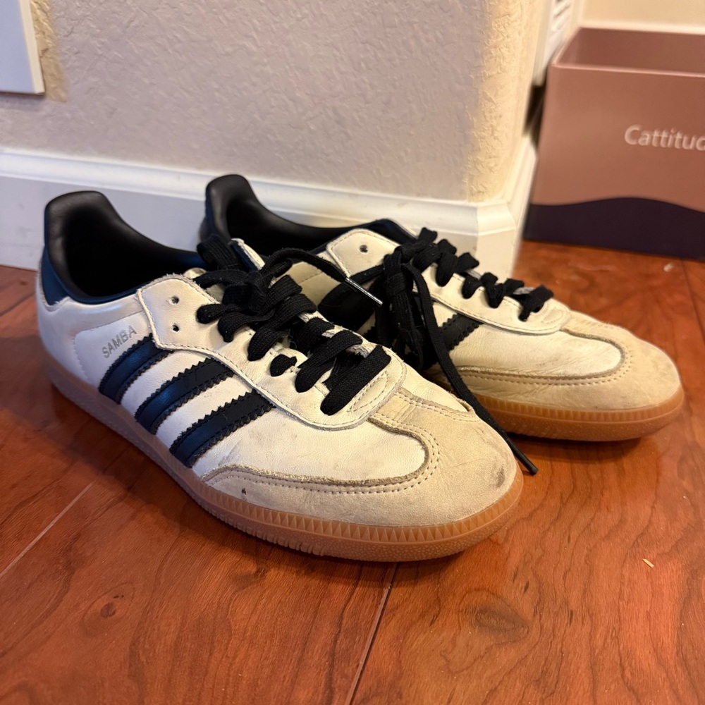 adidas Samba Sneakers in Off-White with Black Stripes and Gum Sole